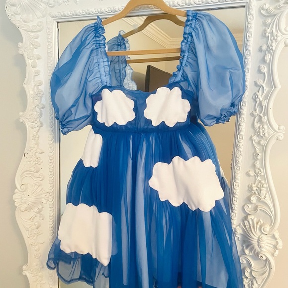 SALE New York Couture One of a Kind Blue CLOUDS Puff Sleeve Dress - Picture 4 of 5